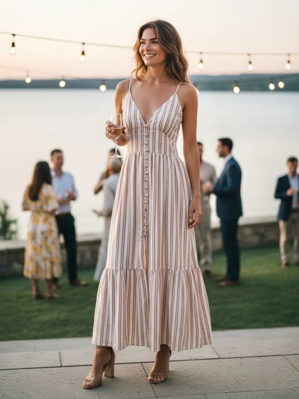 Abercrombie & Fitch Striped Tan White Maxi Sundress Adjustable Straps Sz M NWT